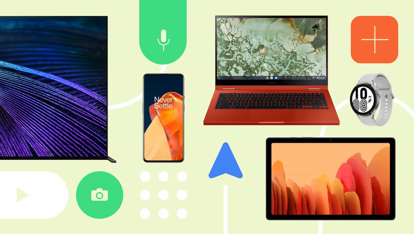 Image of a laptop, smartwatch, smartphone, tablet, and tv representing android devices working together better