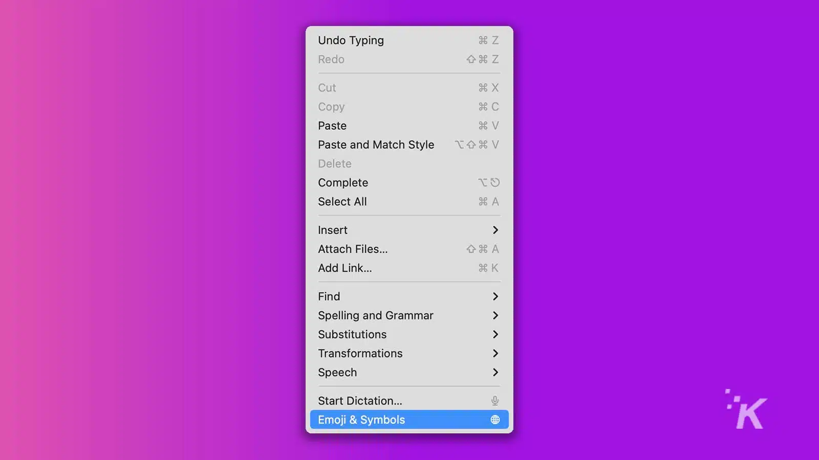edit menu in macos