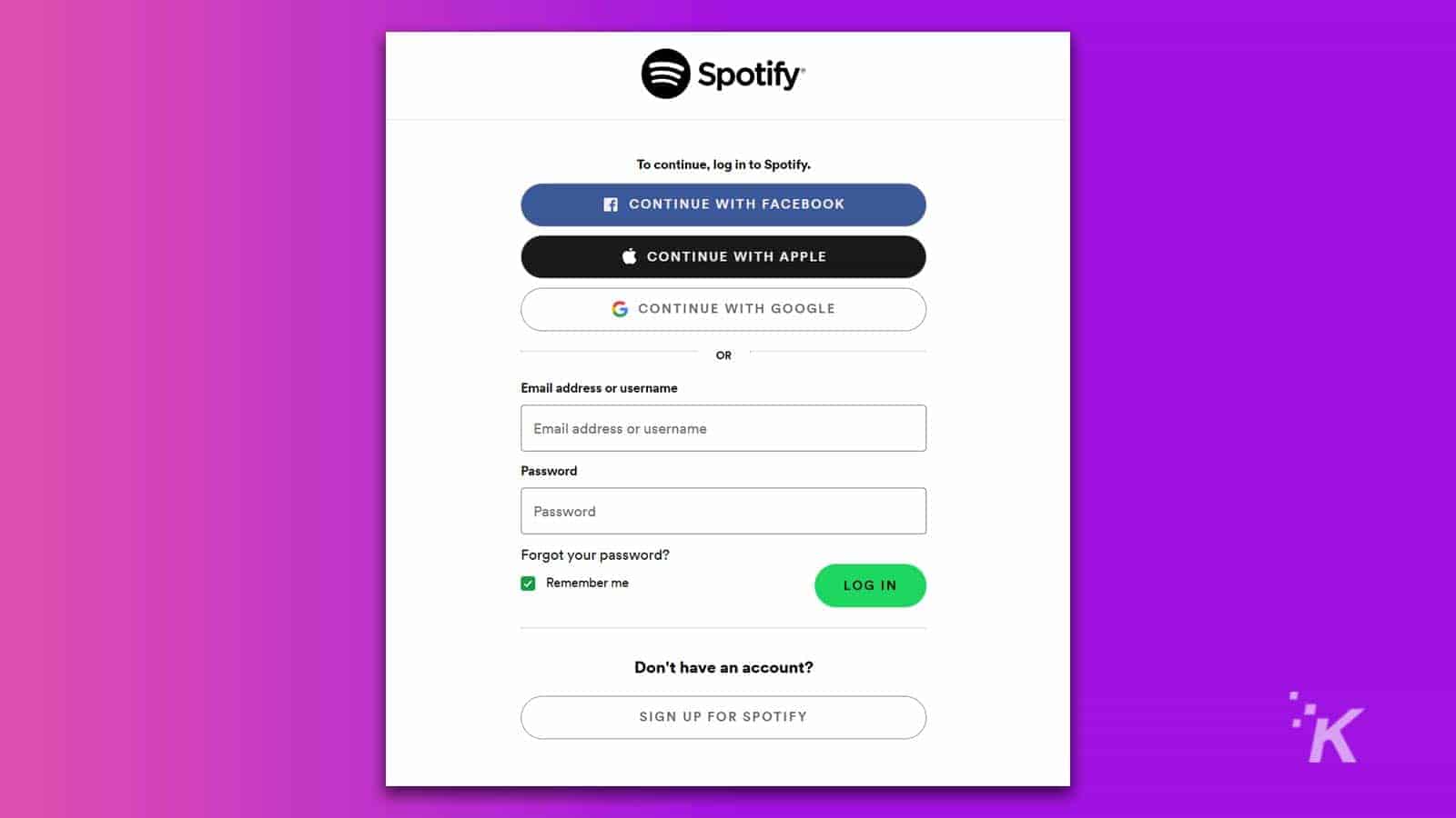 spotify login screen