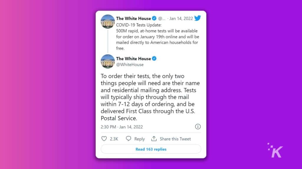 whitehouse tweet about covid tests