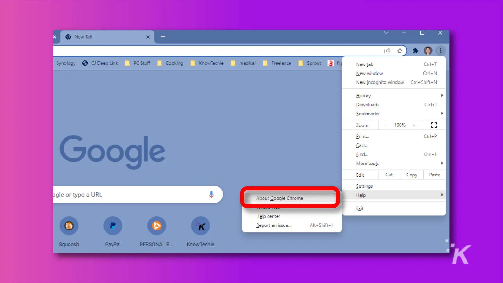 Screenshot of google chrome showing about google chrome menu item