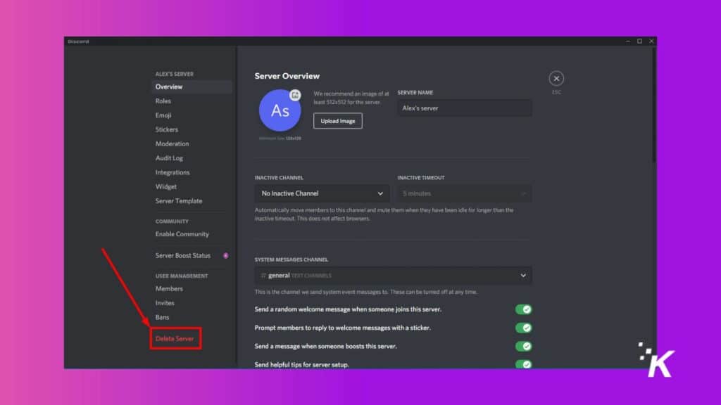 discord server settings delete