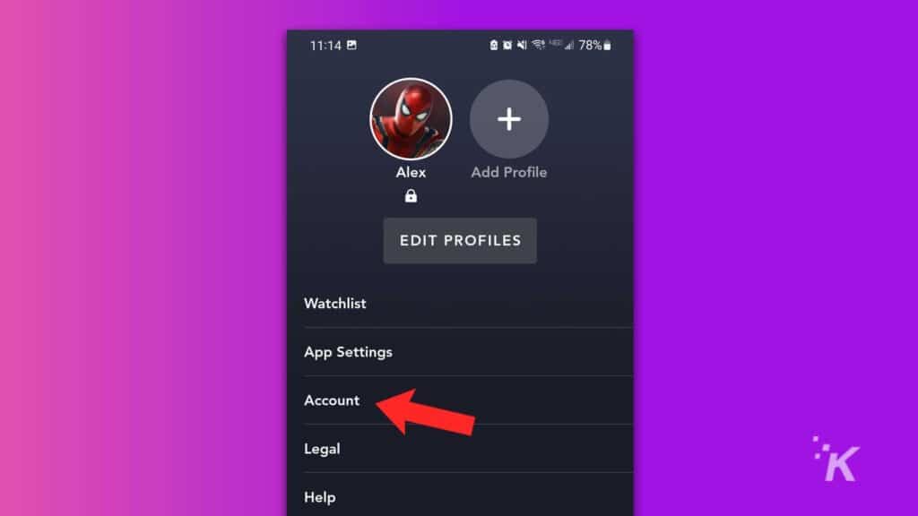 account settings on mobile app