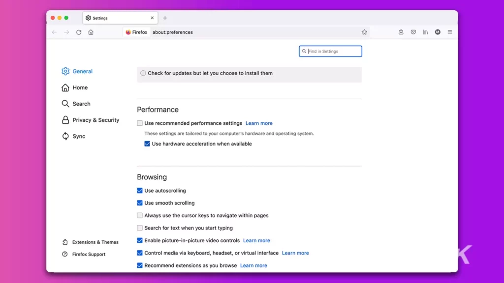 firefox hardware acceleration setting screen