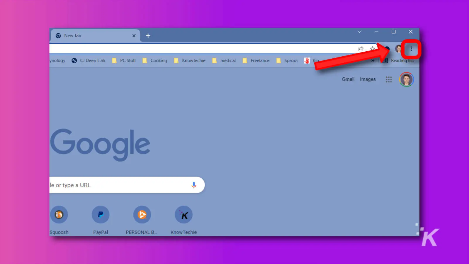 Screenshot of google chrome showing the three dot menu icon