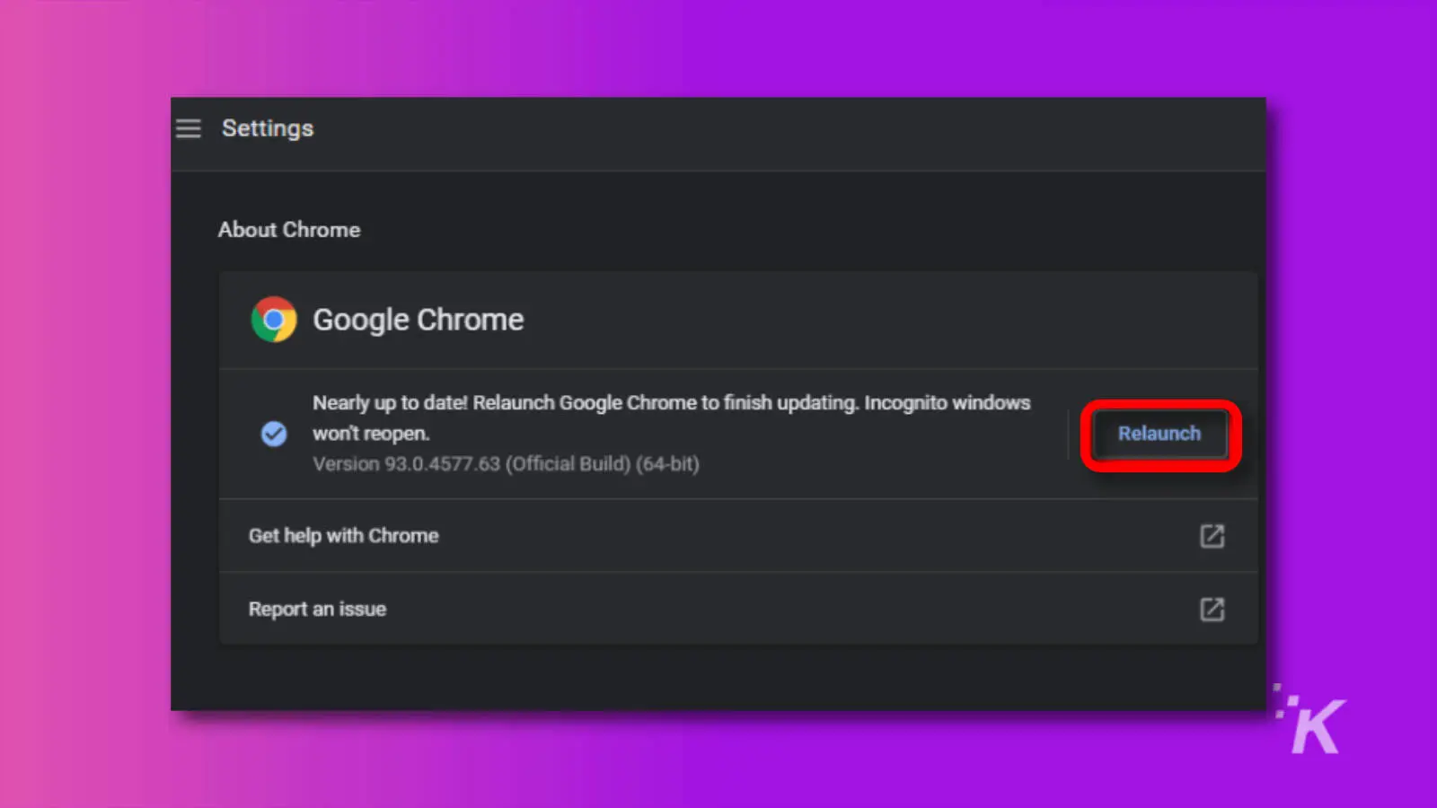 screenshot of google chrome prompt to relaunch