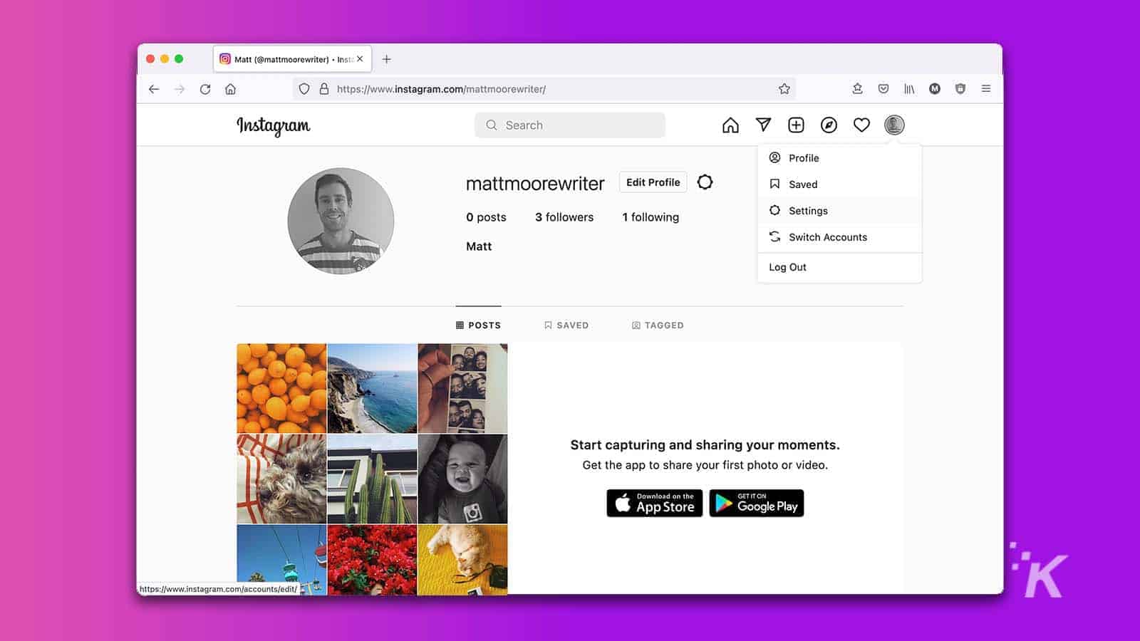 an instagram profile on desktop