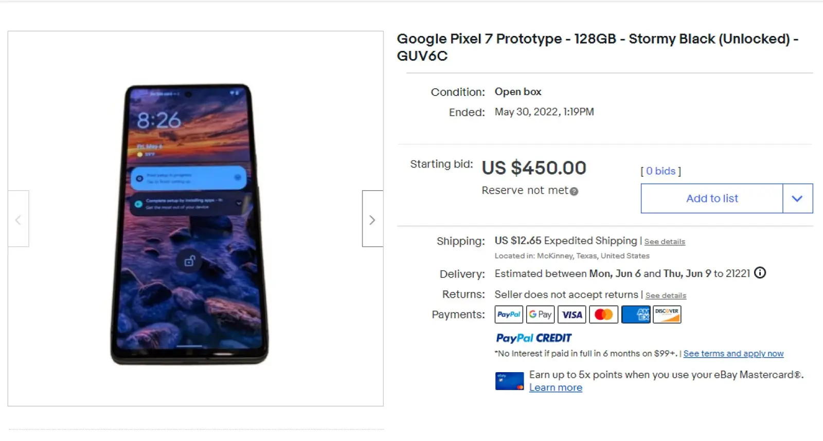 screenshot of ebay listing supposedly of a google pixel 7 prototype