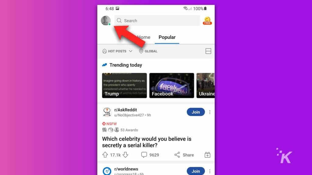 Reddit profile icon on mobile