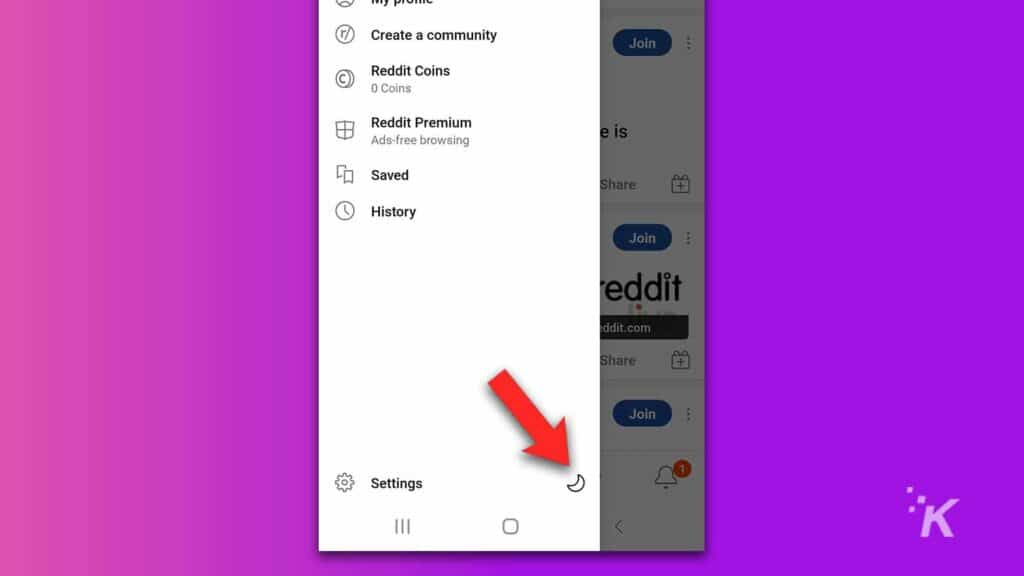 Dark mode button on reddit app