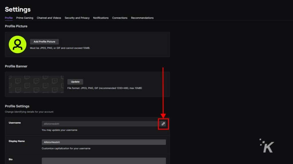 Twitch profile settings username