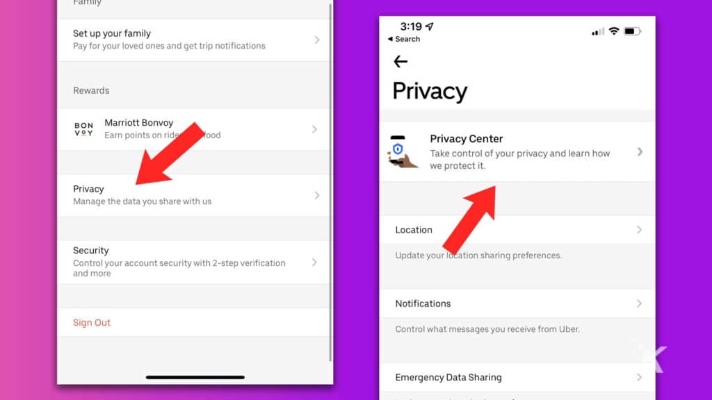 Privacy features on rideshare app