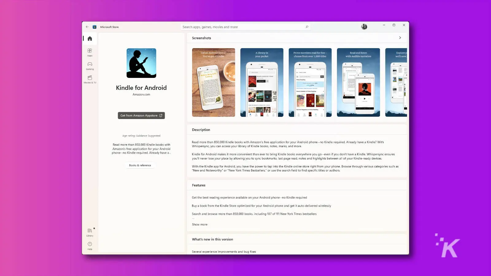 kindle app for android windows store page