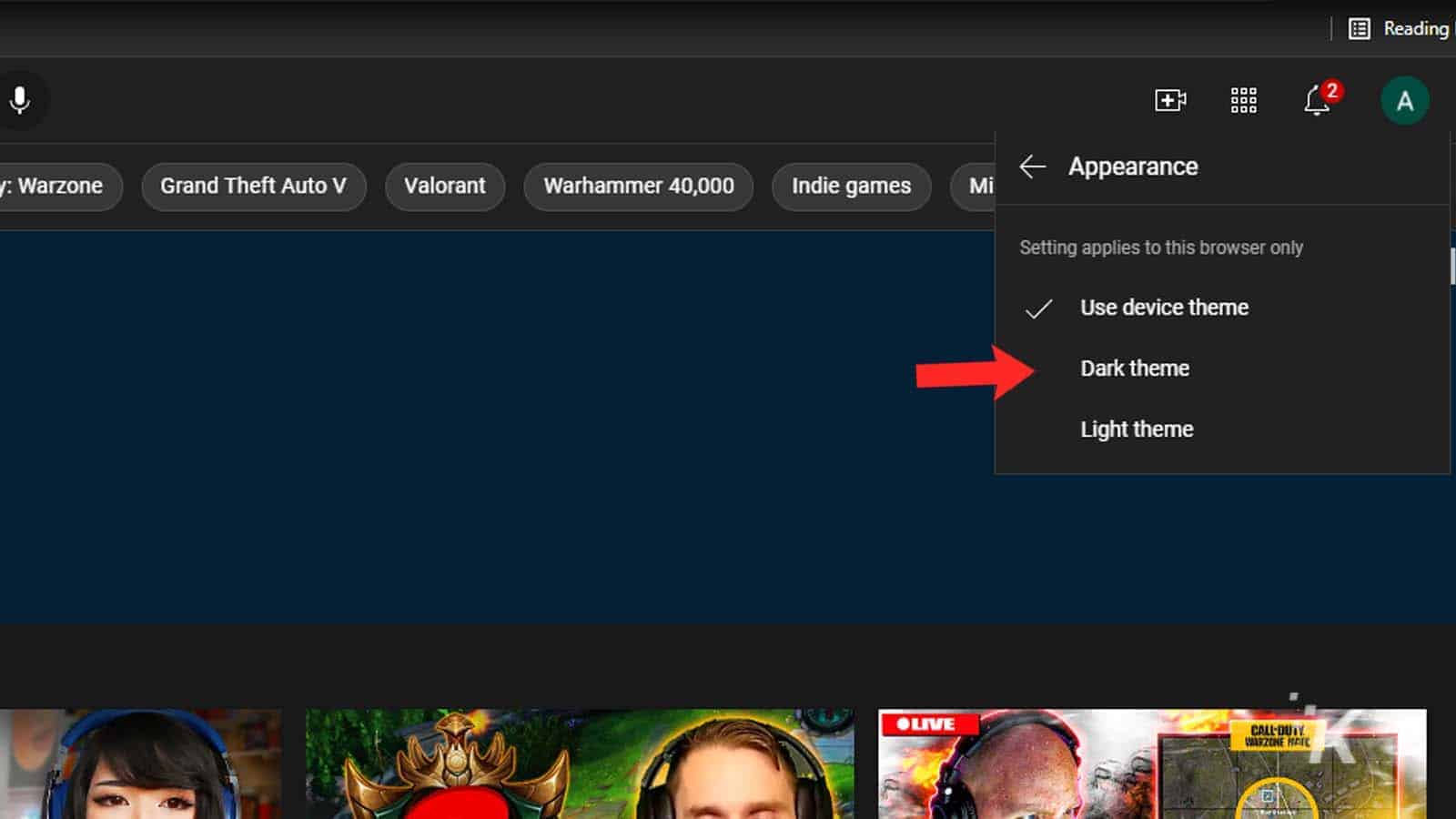 How to turn on YouTube dark mode