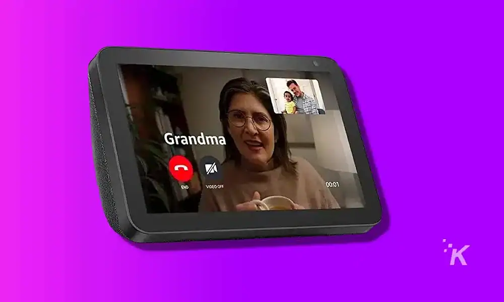 product shot of an amazon echo show 8 on purple background