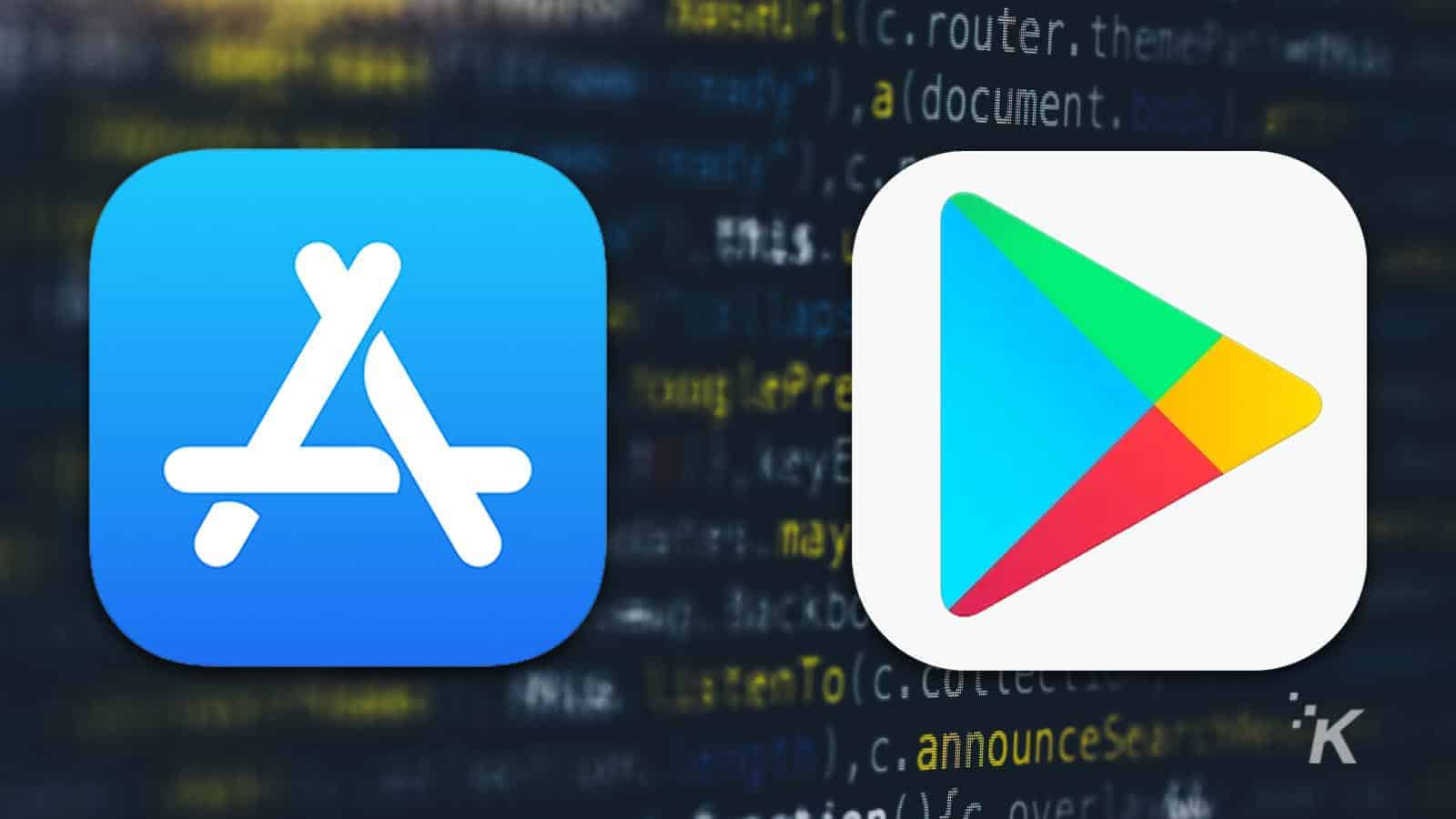 Apple app store and google play store logos on blurred background