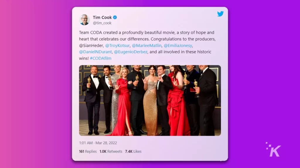 tim cook's tweet about coda during the oscars