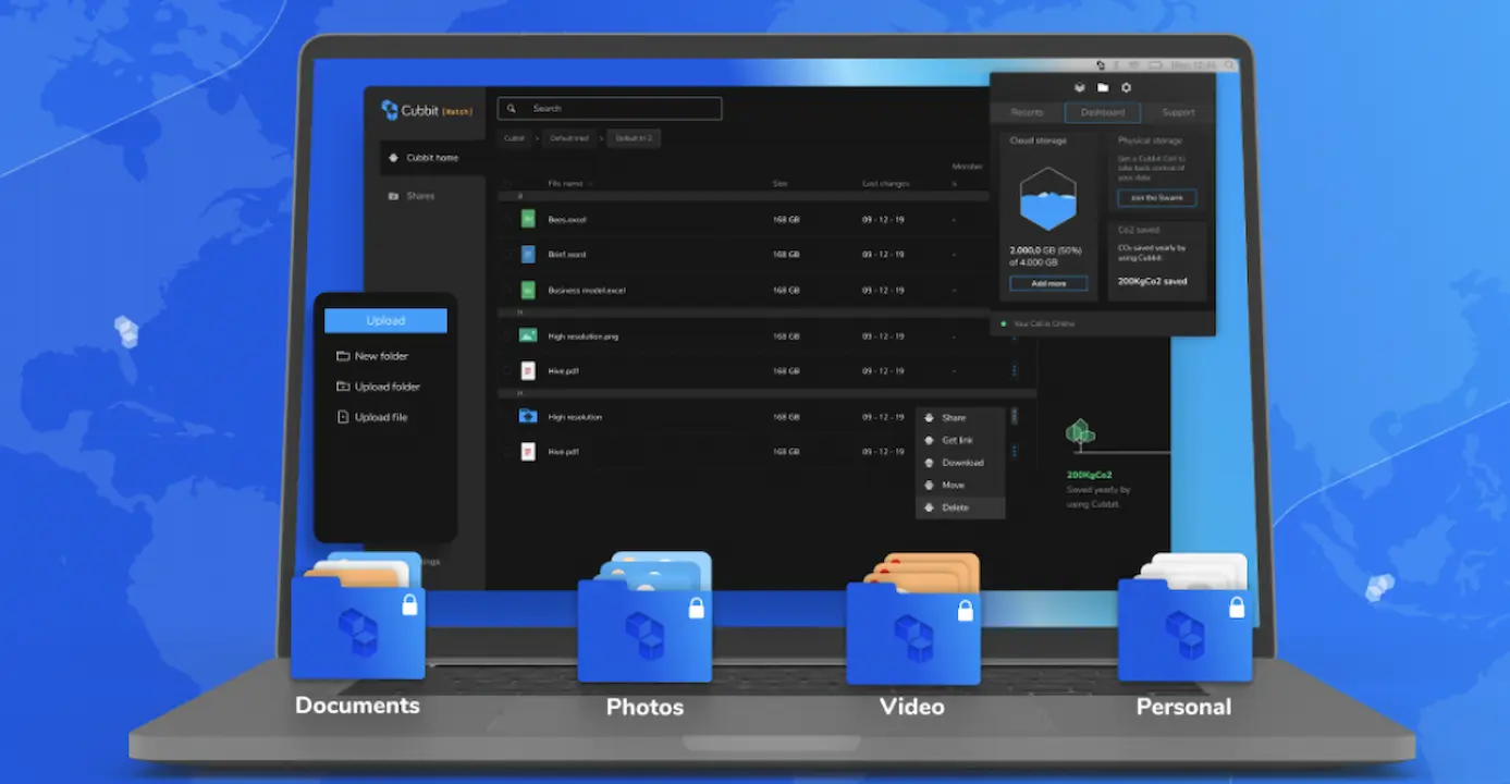 Cubbit cloud storage screenshot mockup on laptop on blue background