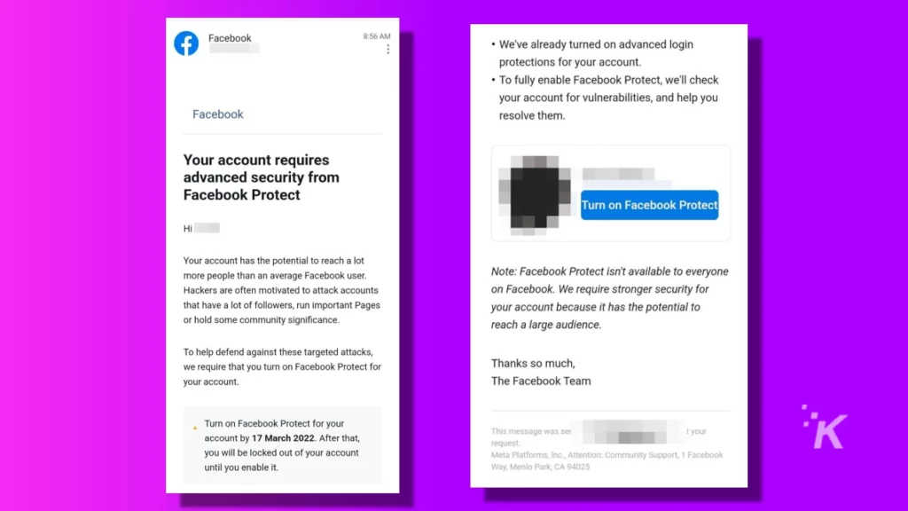 facebook protect warning email on purple background