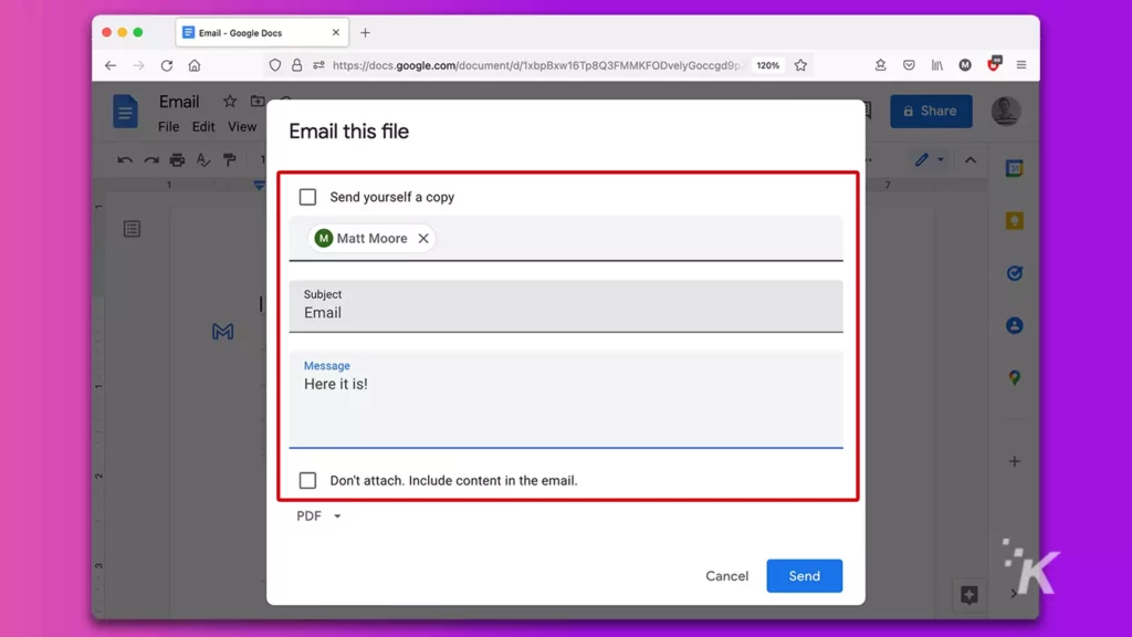 email this file google docs screen
