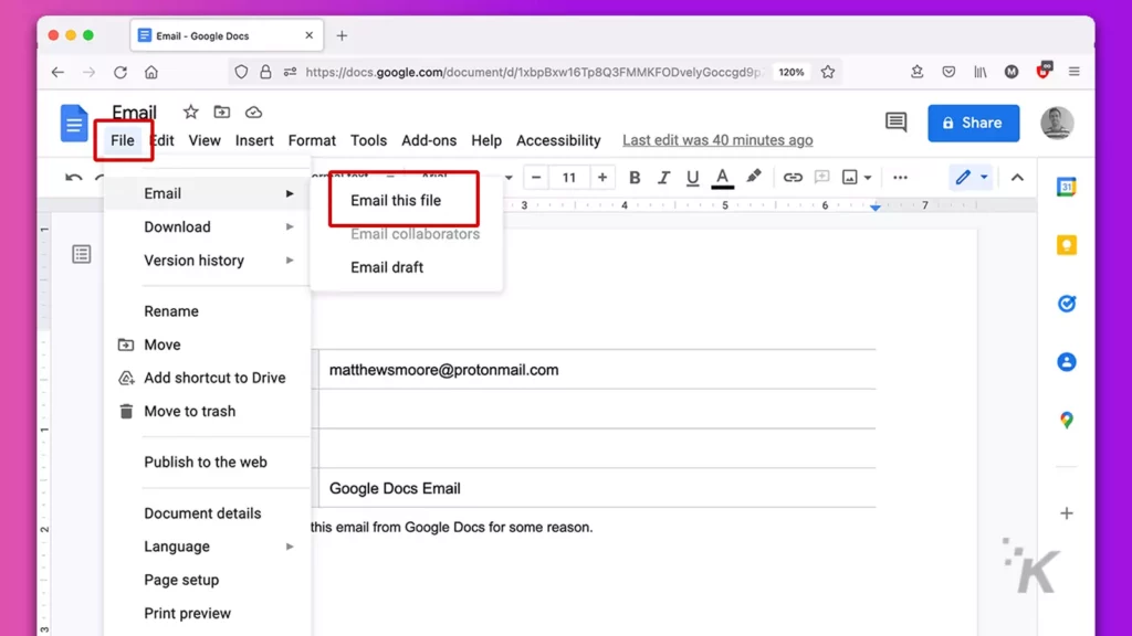 file menu on google docs