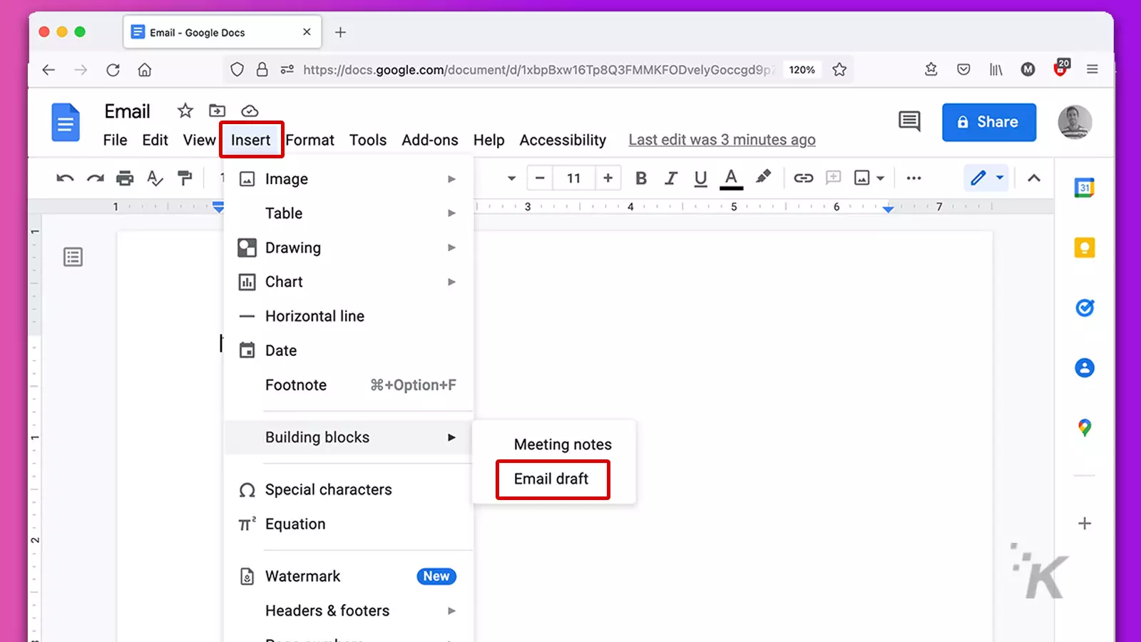 google docs screen showing insert menu
