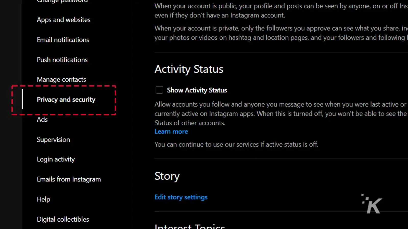 privacy and security menu