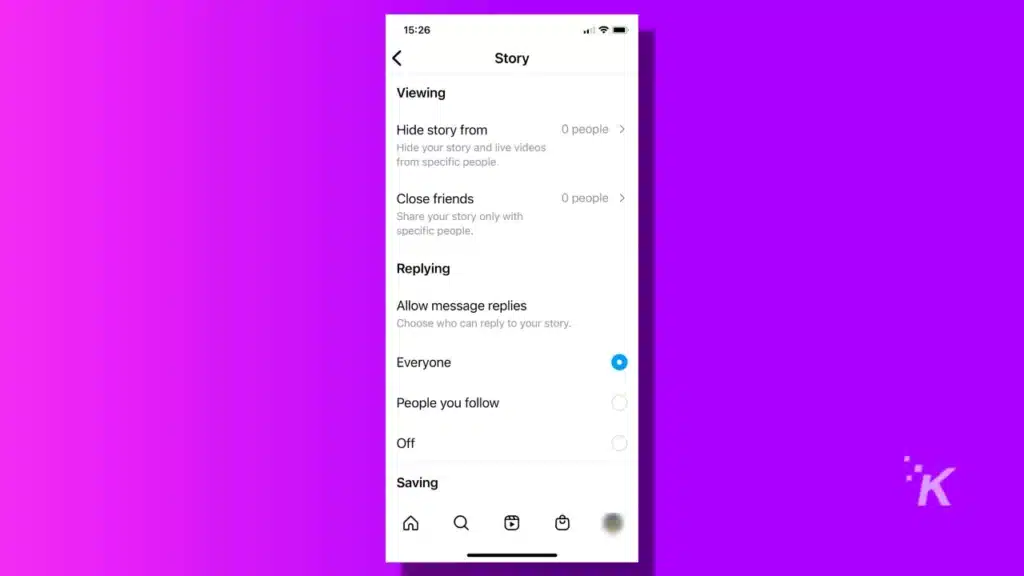 instagram story settings menu on a purple background