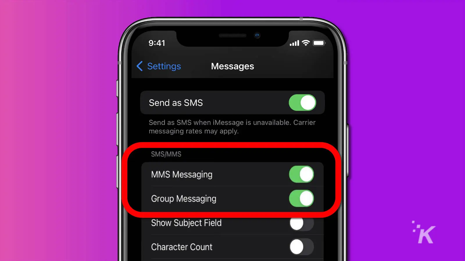 screenshot of ios messages settings with mms and group messages used for iphone not receiving texts from android