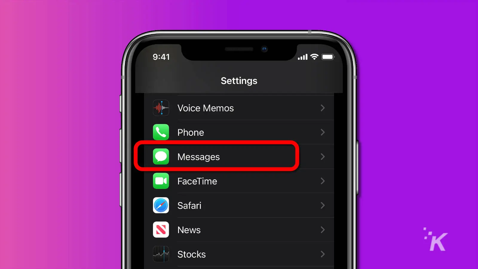 screenshot of ios settings app with messages highlighted