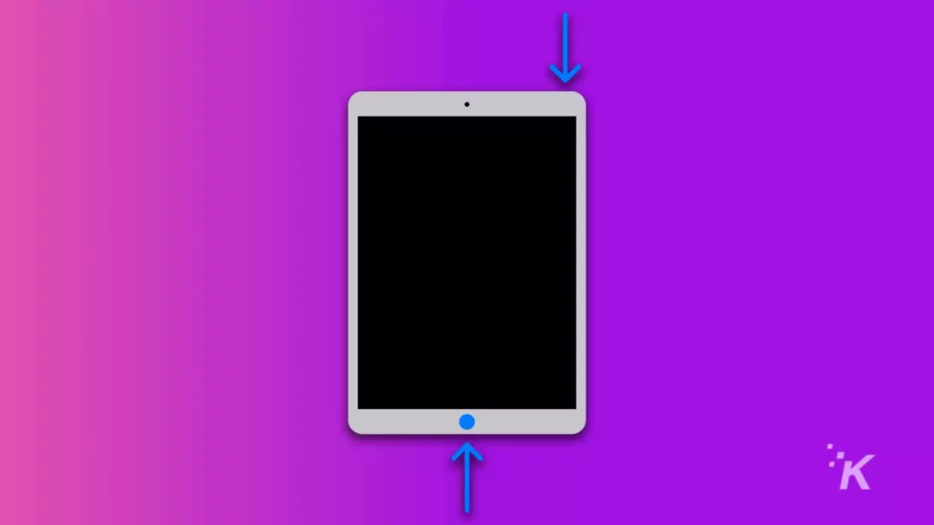 Ipad with button screenshot buttons on purple background