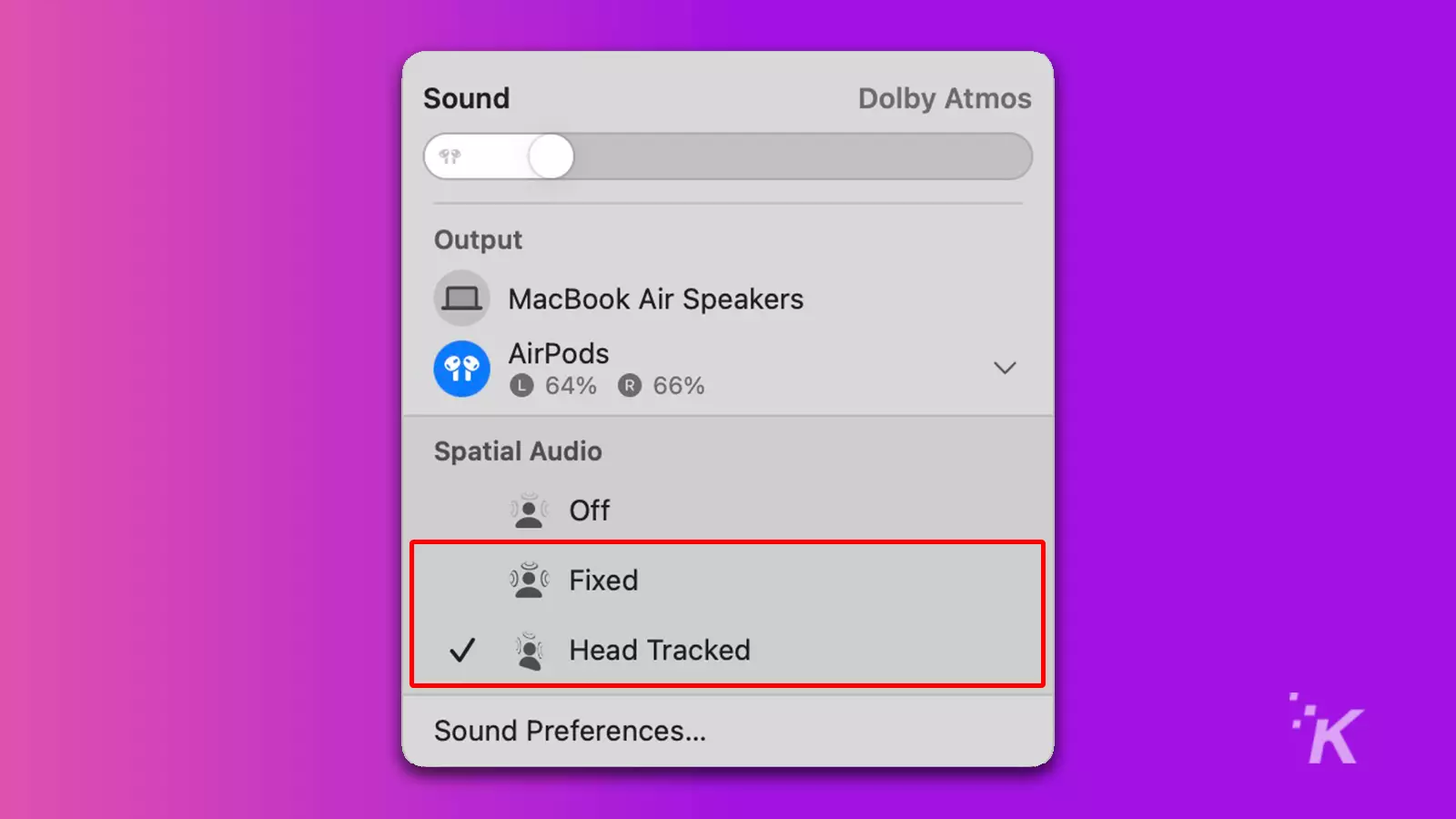 spatial audio menu showing fixed and head tracked options on purple background