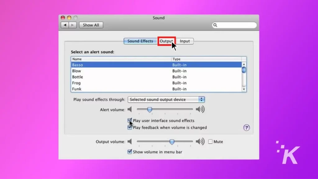 Macos audio output settings menu screenshot on a purple background