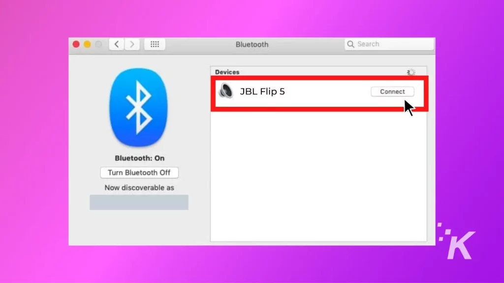 adding a JBL flip 5 to macos bluetooth menu on purple background