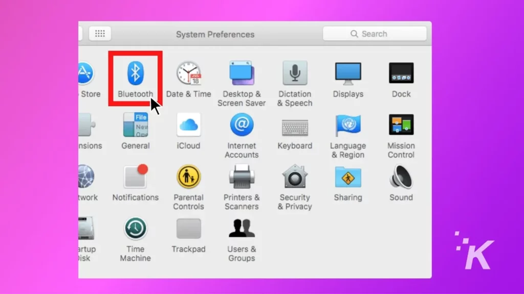 Macos bluetooth settings system preferences menu on purple background