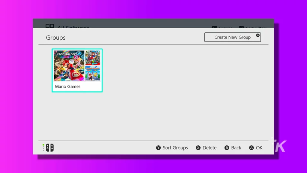 mario games in a group folder on the nintendo switch, on purple background