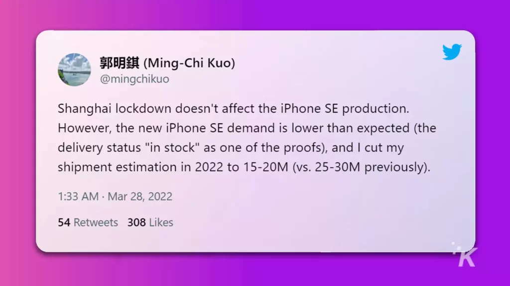 screenshot of a tweet from ming-chi kuo