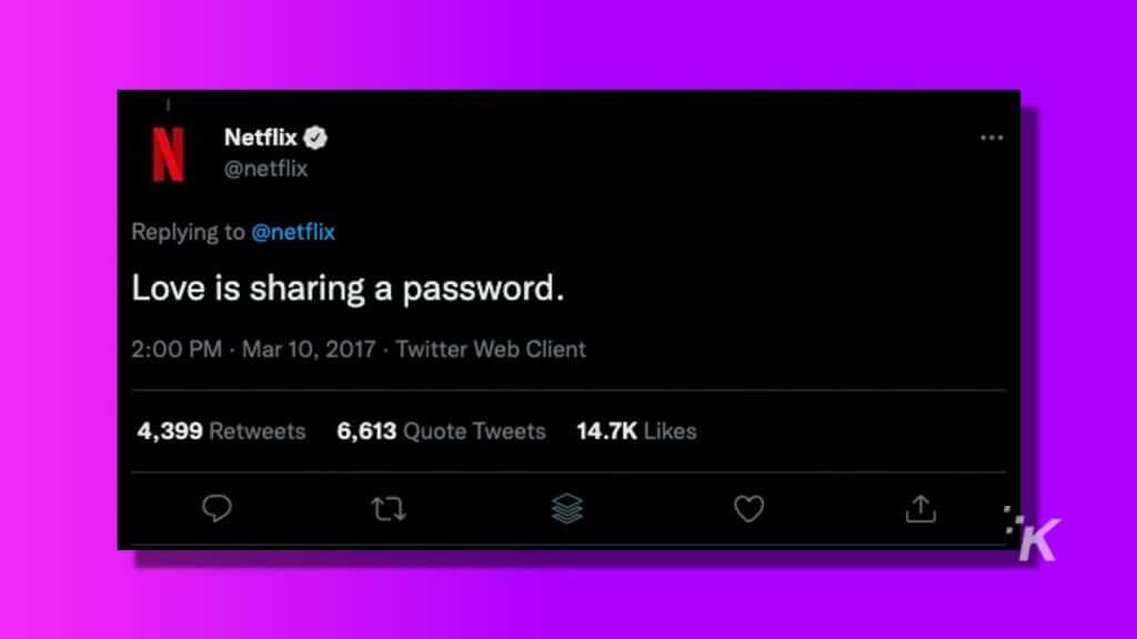 Netflix password sharing tweet on a purple background