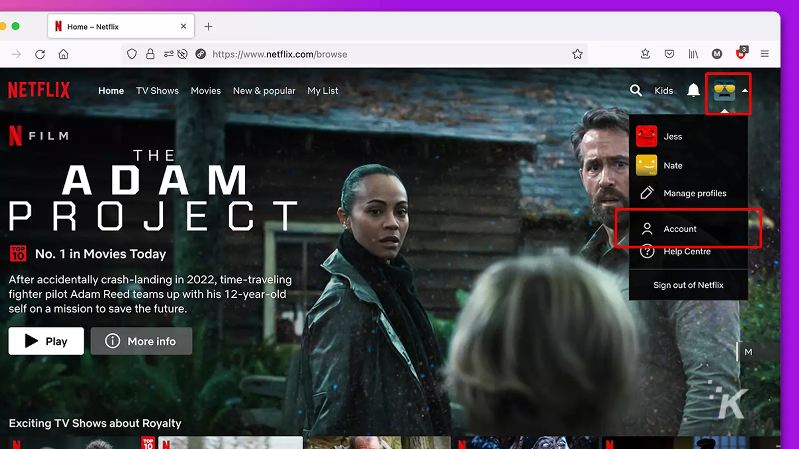 The adam project and profile menu