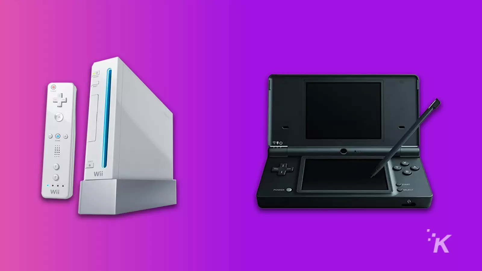 Nintendo wii and nintendo dsi on purple background