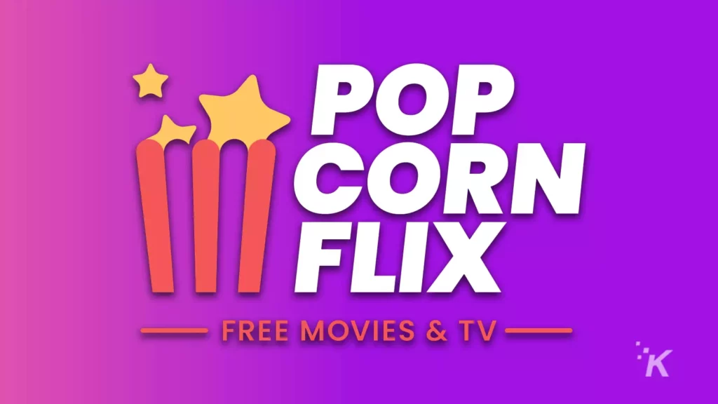 popcornflix logo with bucket of popcorn on purple background