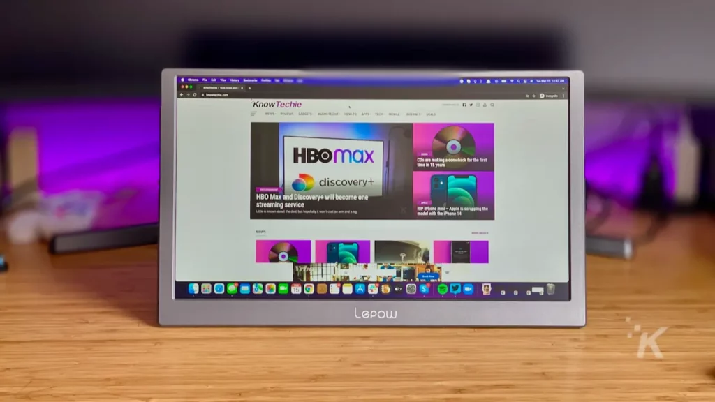 portable monitor with knowtechie homepage on desk