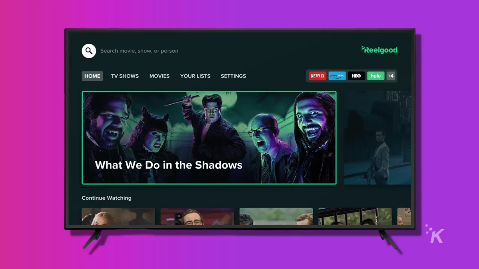 reelgood tv streaming app on tv over purple background