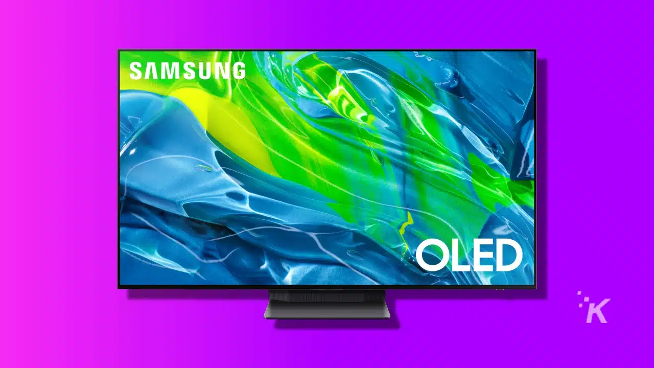 image of a samsung oled tv on a purple background