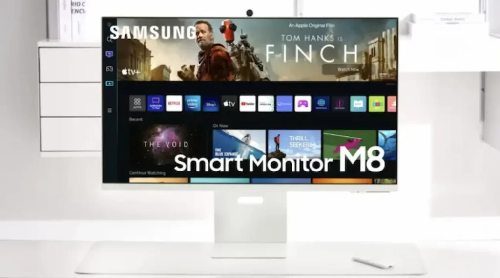 picture of samsung m8 smart monitor on workstation