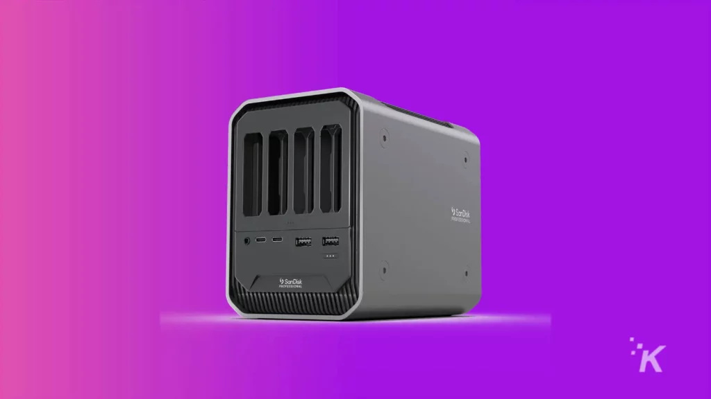 sandisk pro 4 bay reader on purple background