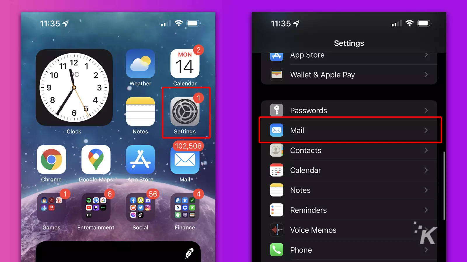 iphone settings and mail