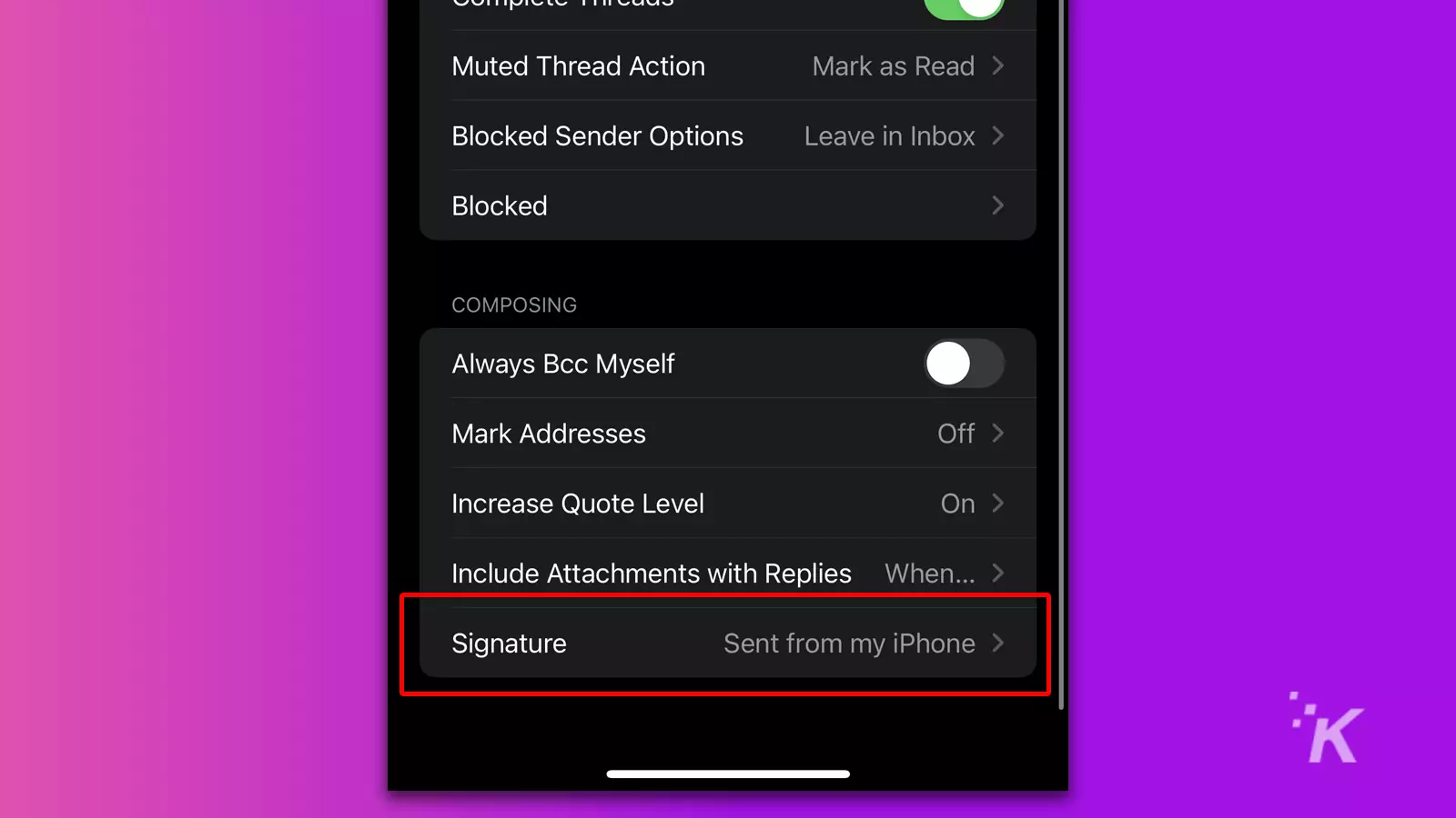 Signature setting mail on ios