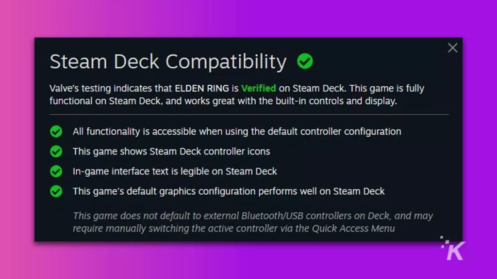 Steam deck compatibility screen with elden ring verification