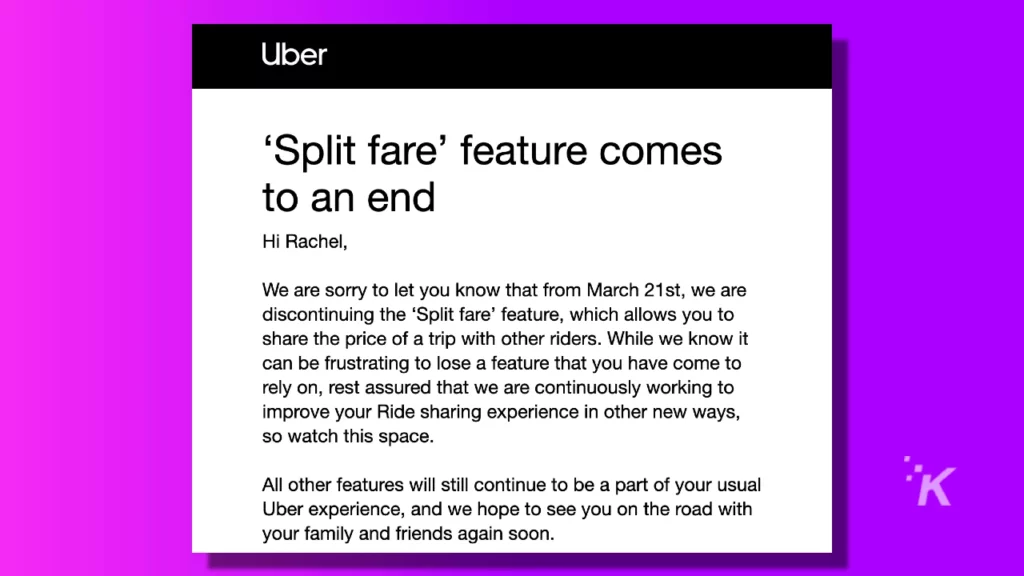 Uber split fare email being discontinued